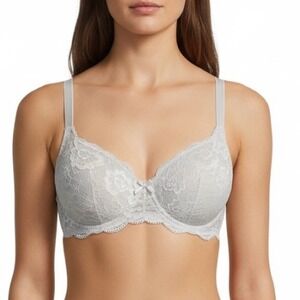 Bluxe Women 36C Light Gray Floral Lace Padded Push-Up Wireless Lingerie Bra